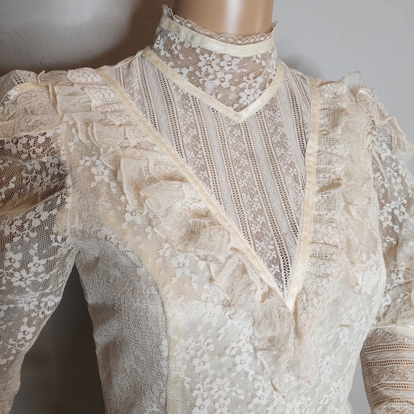Gunne Sax Vintage Ivory Lace Midi Dress Victorian Edwardian 70s 80s XS - Picture 3 of 16